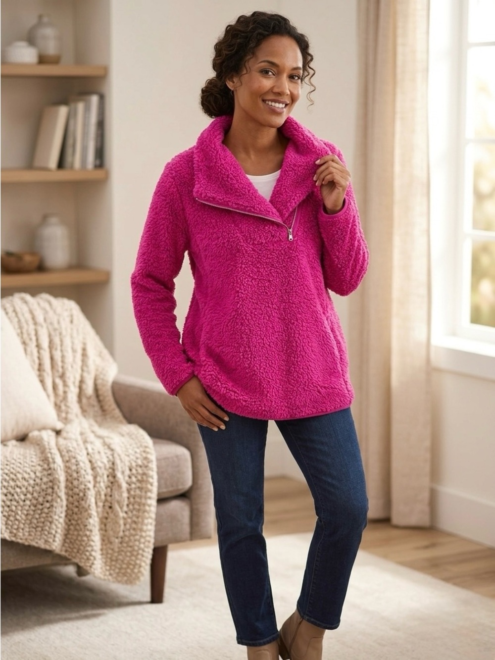 Talbots Petite Hot Pink Sherpa Asymmetrical Zip Jacket LP
